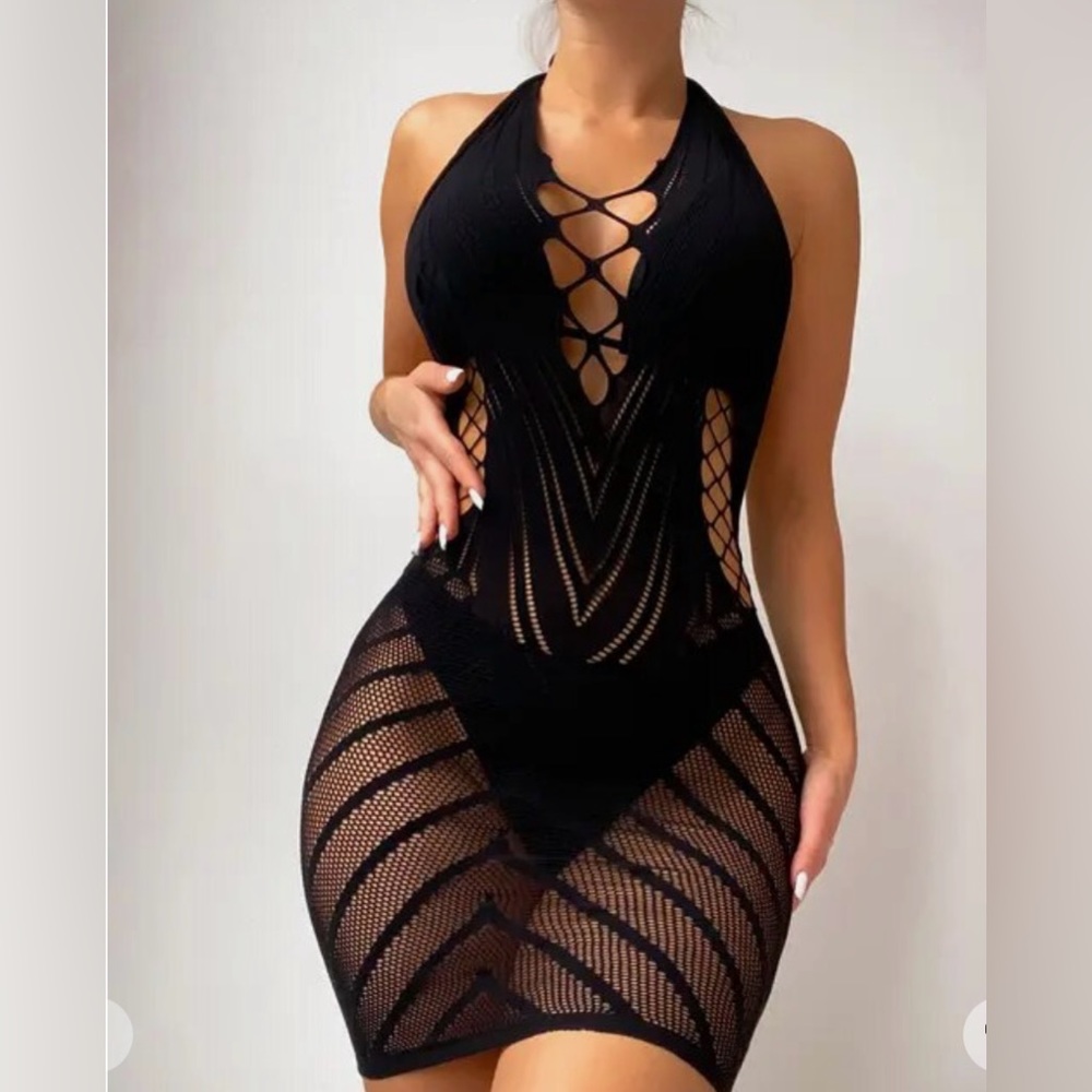 Women's Fishnet Babydoll Lingerie Chemise Halter
Nightwear Mini Teddy Dress